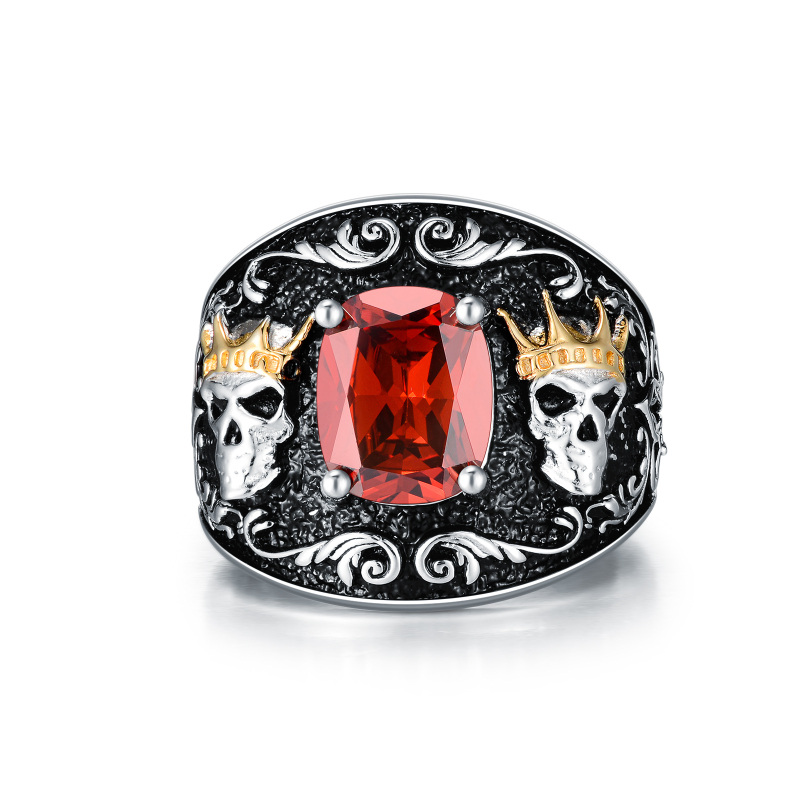 Sterling Silver Two-tone Cushion Cut Red Cubic Zirconia Crown Skull Ring for Men-5