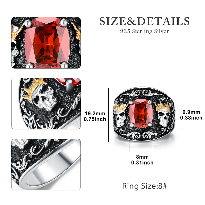 Sterling Silver Two-tone Cushion Cut Red Cubic Zirconia Crown Skull Ring for Men-6
