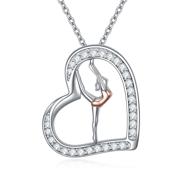 Sterling Silver Two-tone CZ Gymnast Gymnastics Heart Pendant Necklace for Girls-1