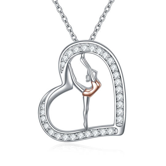 Sterling Silver Two-tone CZ Gymnast Gymnastics Heart Pendant Necklace for Girls