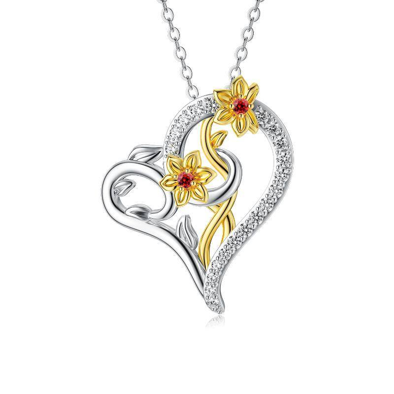 Collana in argento sterling con ciondolo a cuore e narciso con zirconia cubica bicolore-1