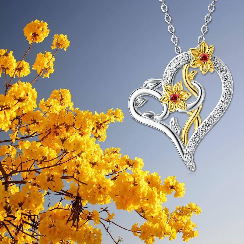 Sterling Silver Two-tone Cubic Zirconia Daffodil & Heart Pendant Necklace-3