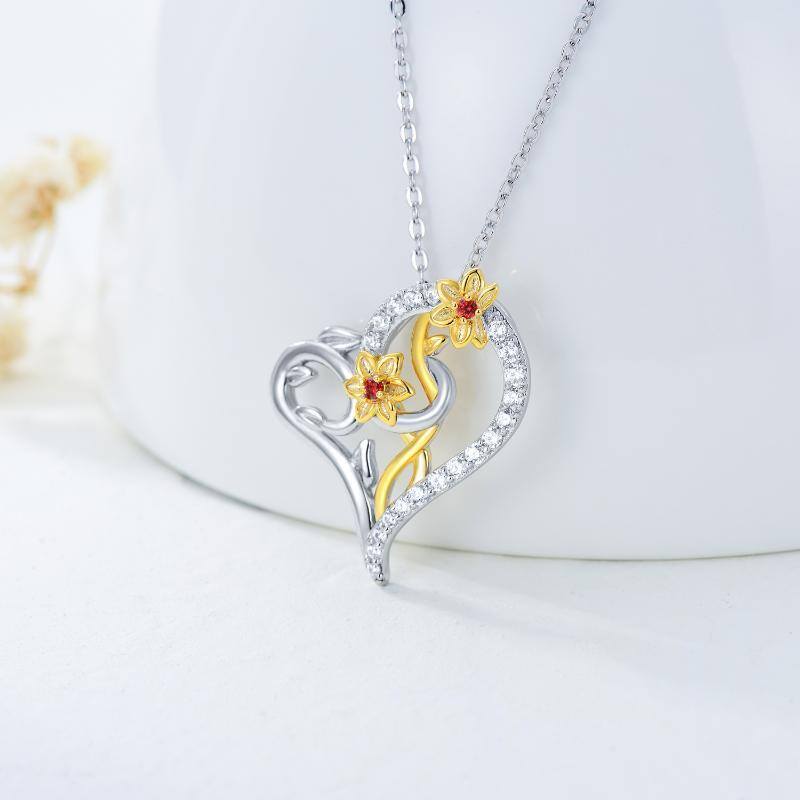 Sterling zilveren tweekleurige Cubic Zirconia narcis & hart hanger ketting-4