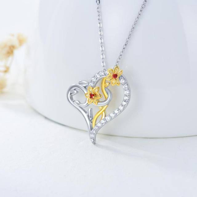 Sterling Silver Two-tone Cubic Zirconia Daffodil & Heart Pendant Necklace-4