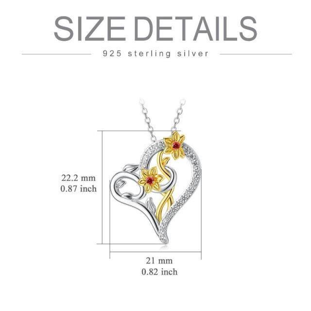 Sterling Silver Two-tone Cubic Zirconia Daffodil & Heart Pendant Necklace-6