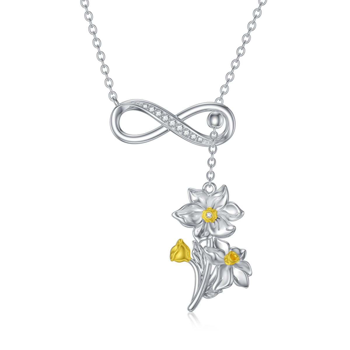 Sterling Silver Two-tone Cubic Zirconia Daffodil & Infinity Symbol Adjustable Y Necklace-1