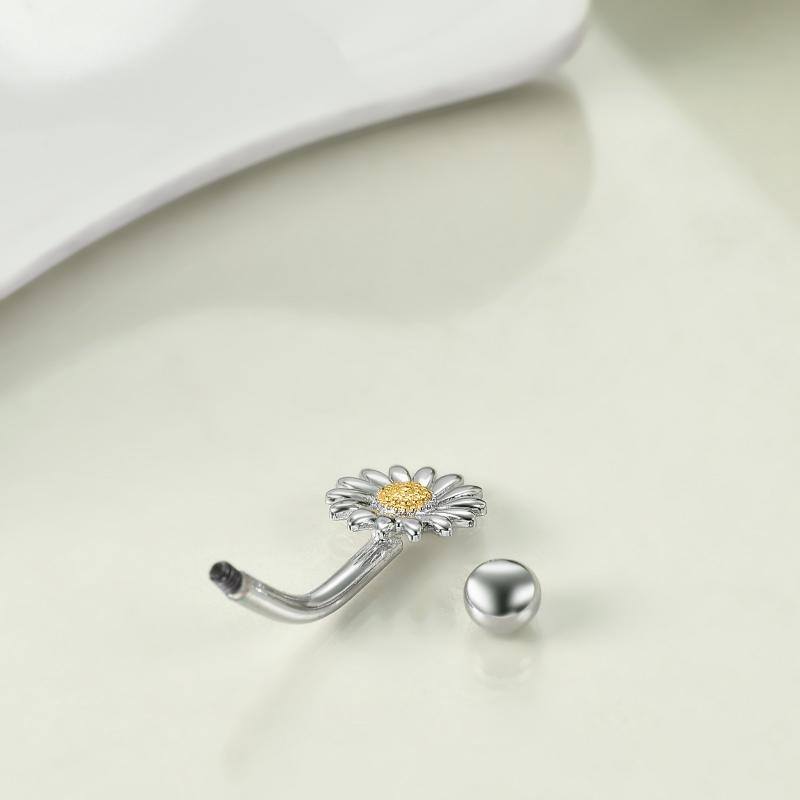 Sterling Silver Two-tone Daisy Belly Button Ring-3