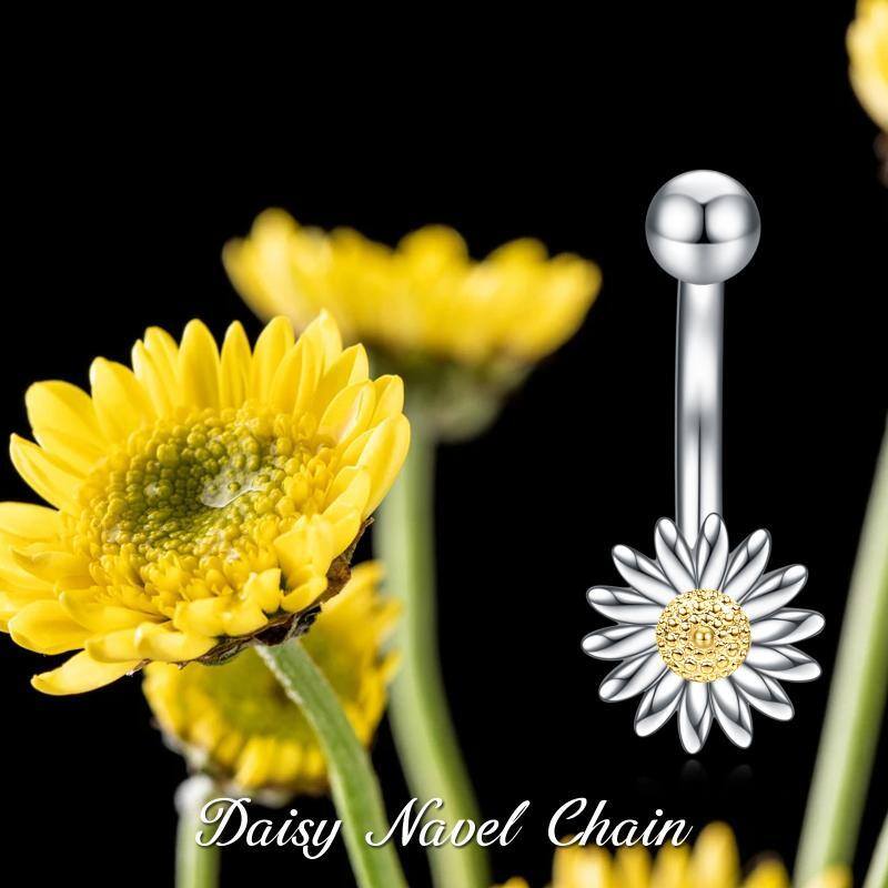 Sterling Silver Two-tone Daisy Belly Button Ring-6