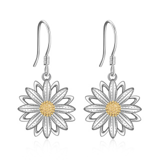 Sterling Silver Two-tone Daisy Drop Earrings-56