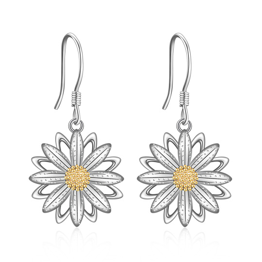 Sterling Silver Two-tone Daisy Drop Earrings