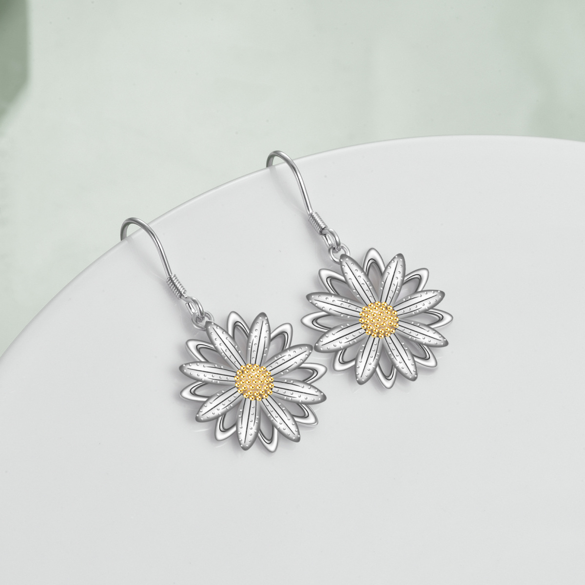 Sterling Silver Two-tone Daisy Drop Earrings-3