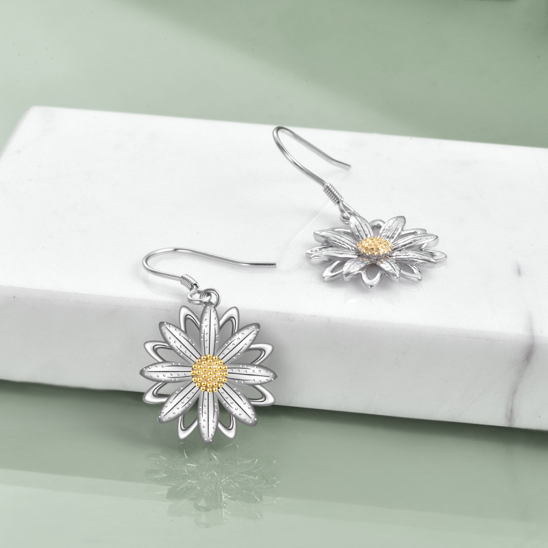 Sterling Silver Two-tone Daisy Drop Earrings-4