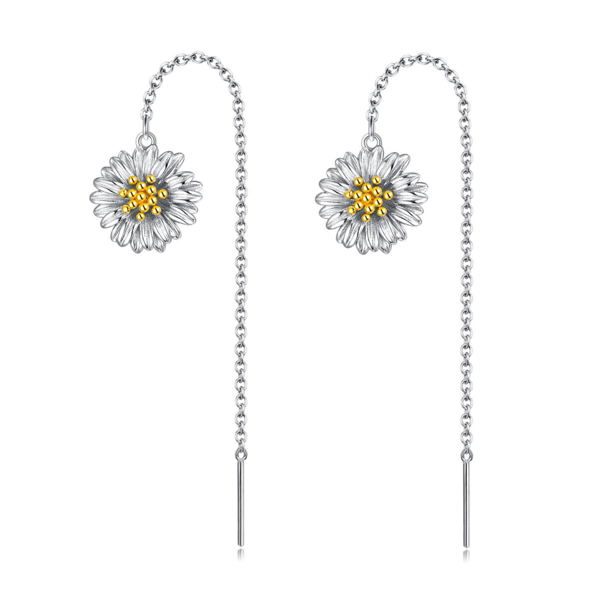 Sterling Silver Two-tone Daisy Drop Earrings-1