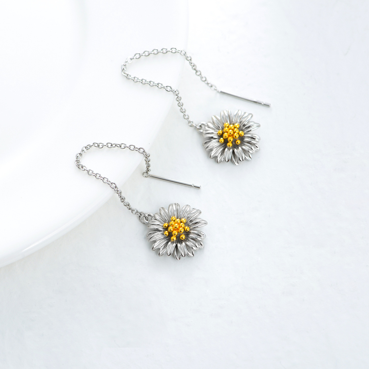 Sterling Silver Two-tone Daisy Drop Earrings-4