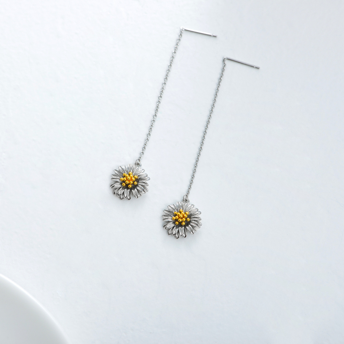 Sterling Silver Two-tone Daisy Drop Earrings-5