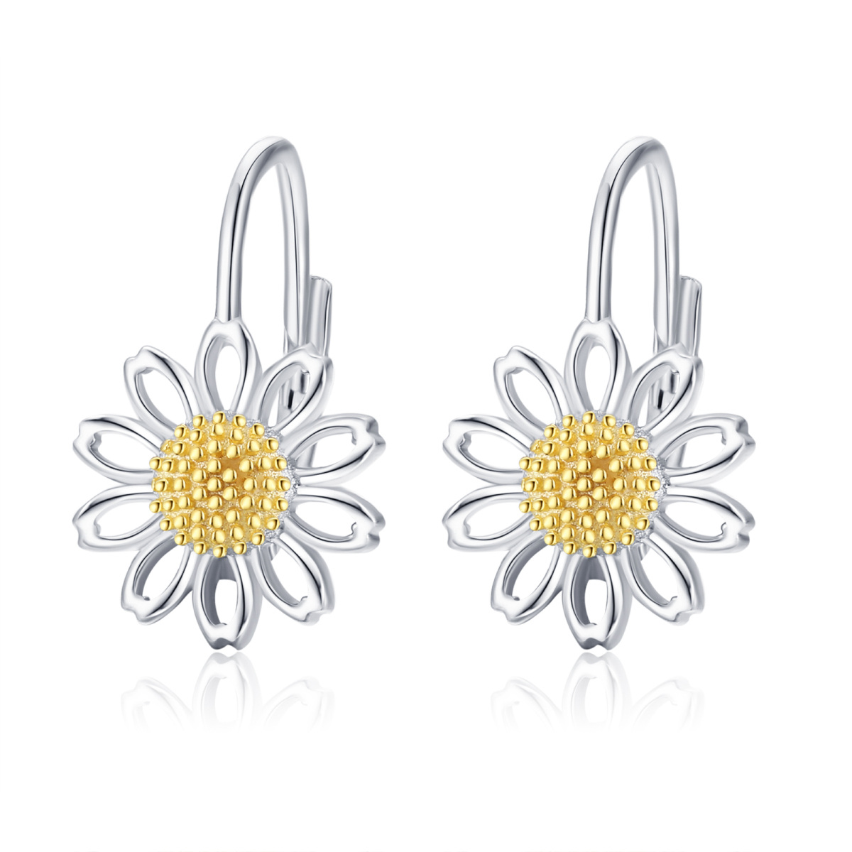 Sterling Silver Two-tone Daisy Hoop Earrings-1