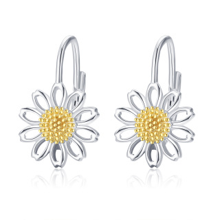 Sterling Silver Two-tone Daisy Hoop Earrings-56