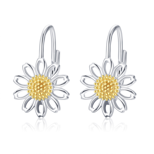 Sterling Silver Two-tone Daisy Hoop Earrings