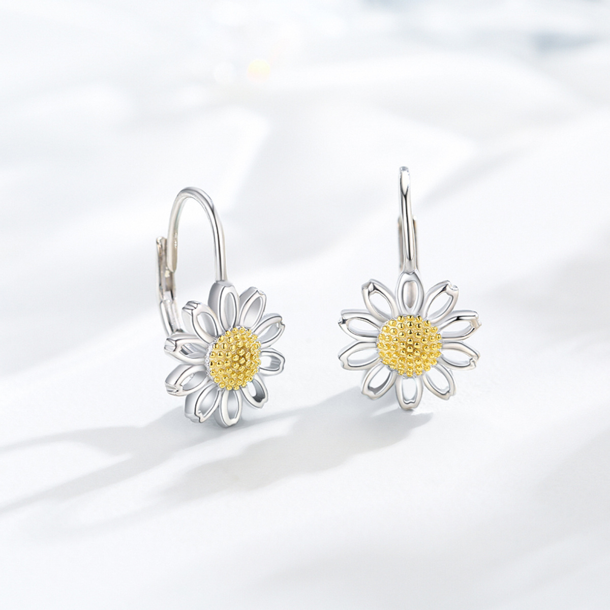 Sterling Silver Two-tone Daisy Hoop Earrings-4