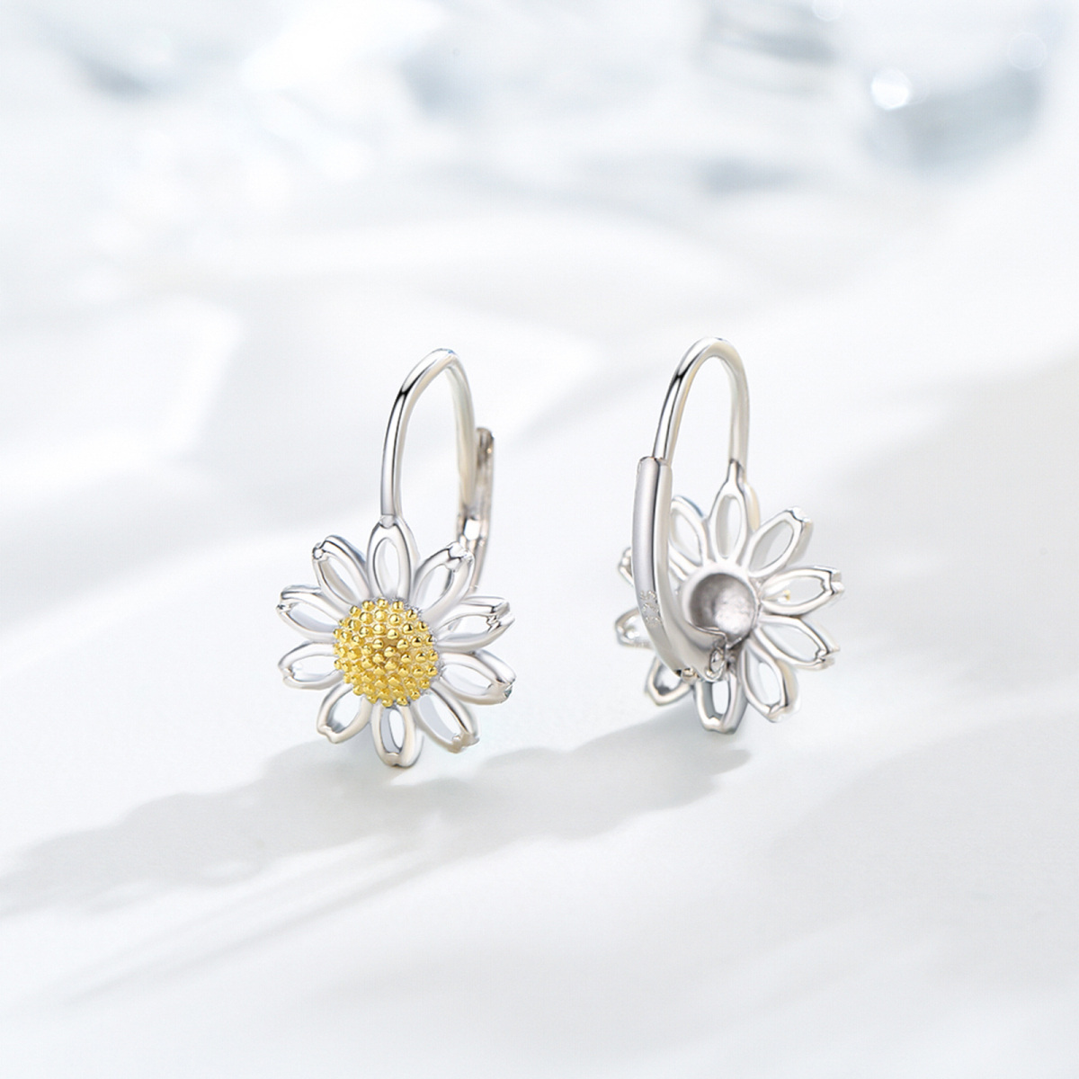 Sterling Silver Two-tone Daisy Hoop Earrings-5