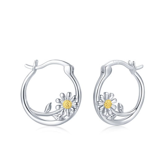 Sterling Silver Two-tone Daisy Hoop Earrings