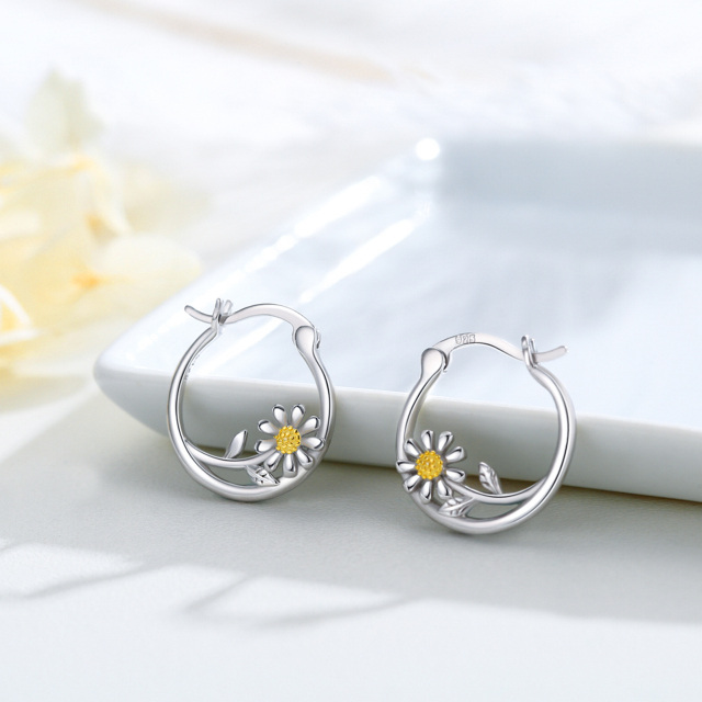 Sterling Silver Two-tone Daisy Hoop Earrings-4