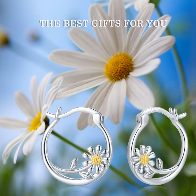 Sterling Silver Two-tone Daisy Hoop Earrings-7