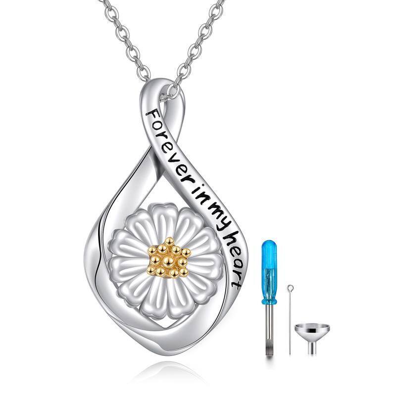 Sterling zilveren tweekleurige Margriet & oneindigheid symbool Urn ketting voor as met gegraveerd woord-1