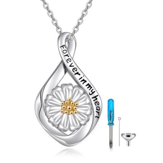 Collier d'urne en argent sterling bicolore avec symbole de l'infini et marguerite pour cendres avec mot gravé