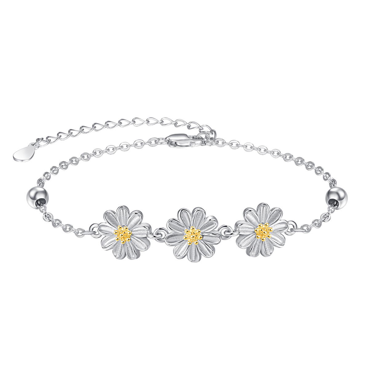 Sterling Silver Two-tone Cubic Zirconia Daisy Charm Bracelet-1