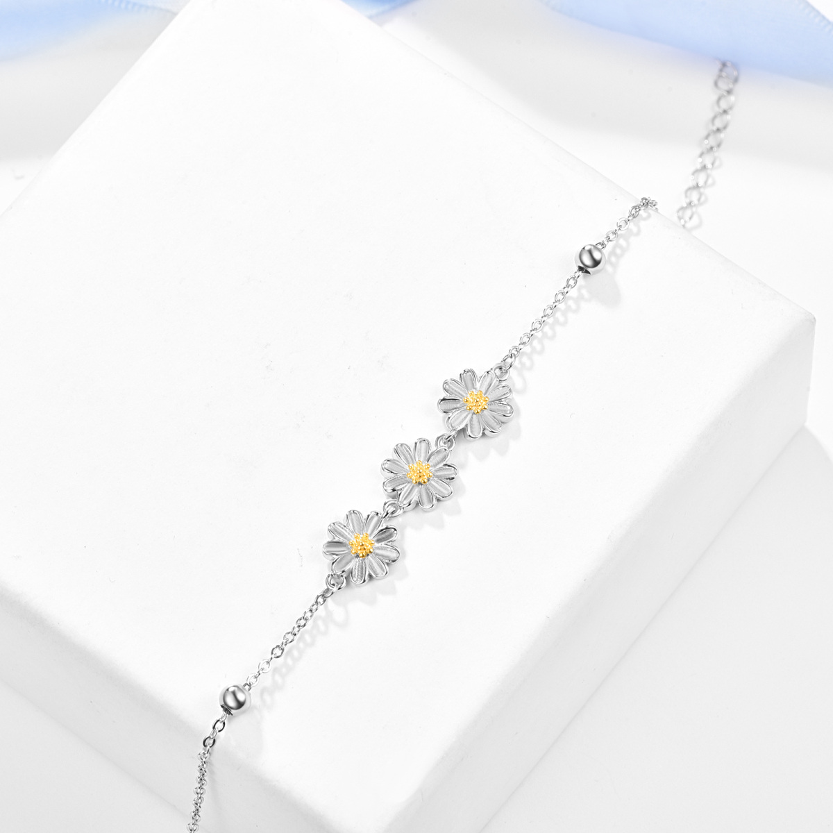 Sterling Silver Two-tone Cubic Zirconia Daisy Pendant Bracelet-5