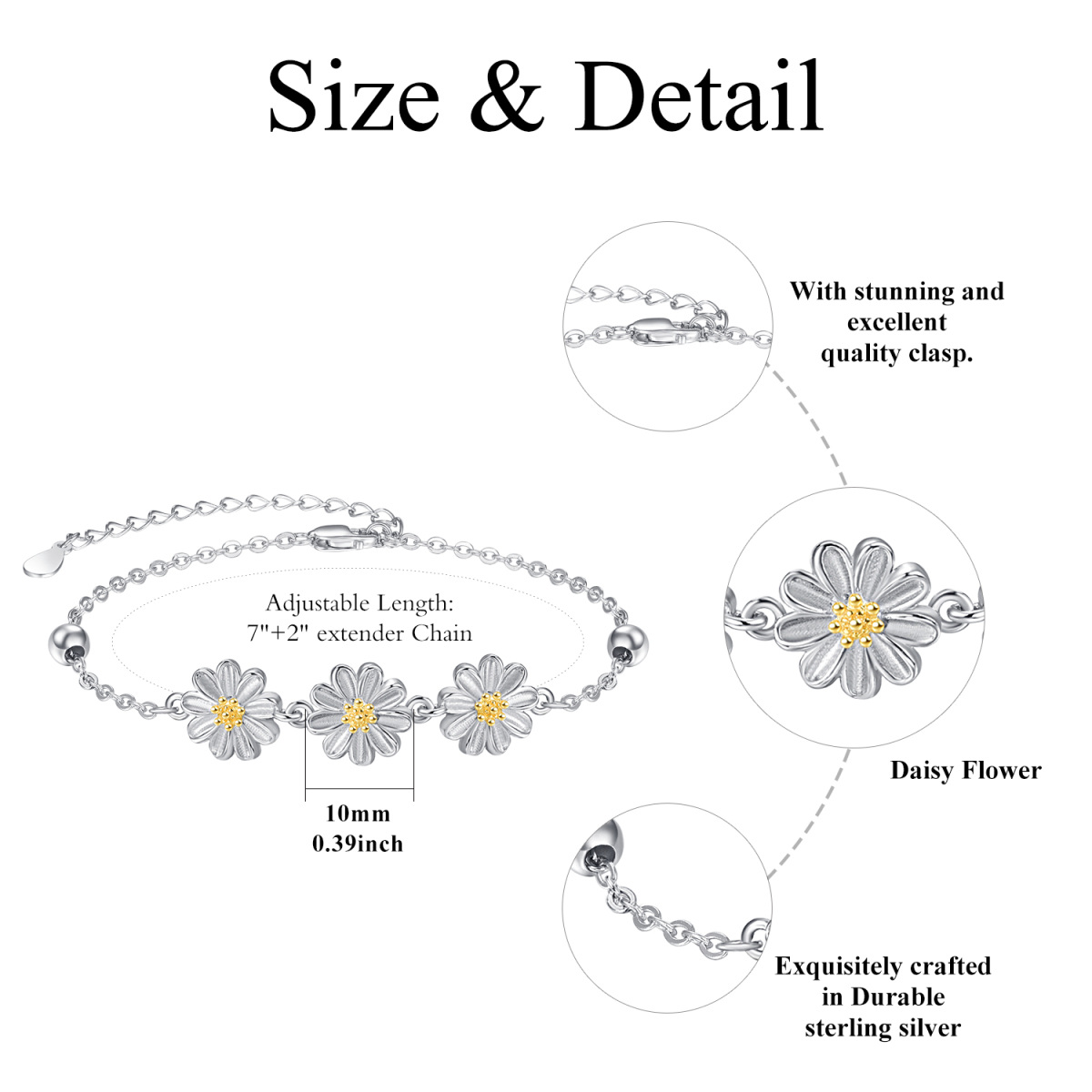 Sterling Silver Two-tone Cubic Zirconia Daisy Pendant Bracelet-6