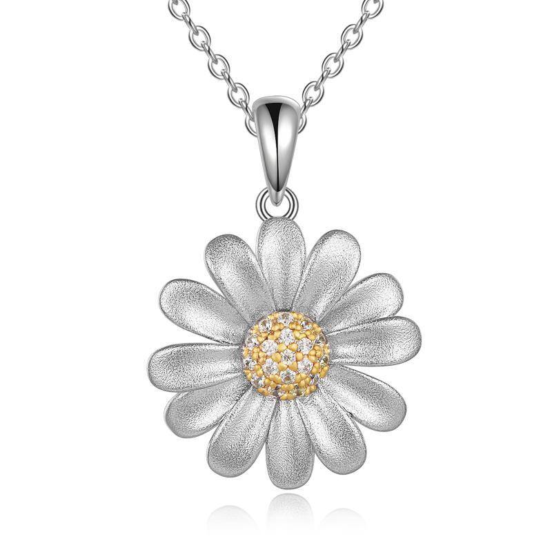 Collier à pendentif marguerite en argent sterling avec zircons cubiques bicolores-1