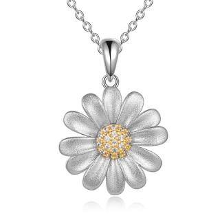 Sterling Silver Two-tone Cubic Zirconia Daisy Pendant Necklace-41