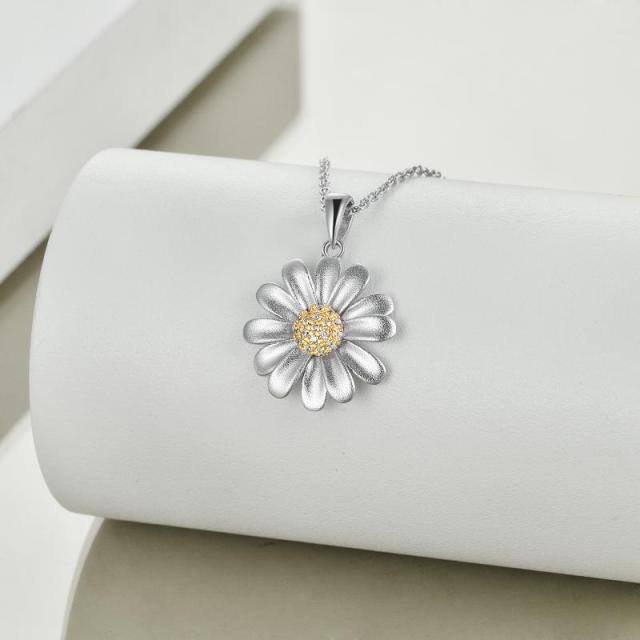 Sterling Silver Two-tone Cubic Zirconia Daisy Pendant Necklace-3