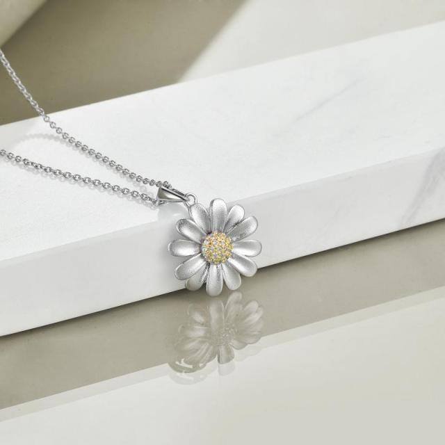 Sterling Silver Two-tone Cubic Zirconia Daisy Pendant Necklace-4