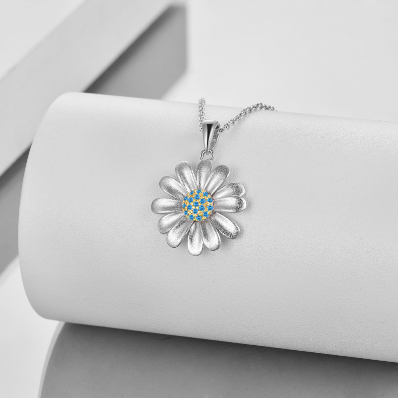 Sterling Silver Two-tone Cubic Zirconia Daisy Pendant Necklace-3