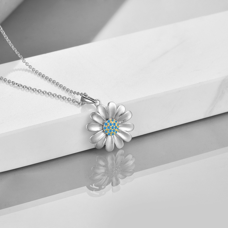Sterling Silver Two-tone Cubic Zirconia Daisy Pendant Necklace-4