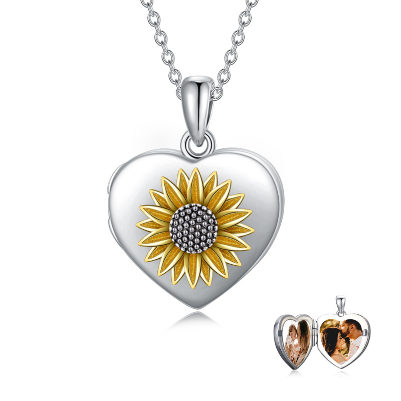 Sterling Silver Two-tone Daisy Personalized Photo Locket Necklace-3
