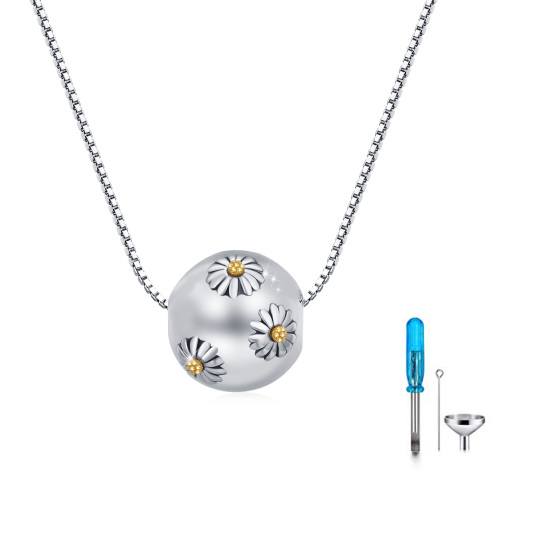 Collier urne funéraire sphérique en argent sterling bicolore avec marguerite pour cendres