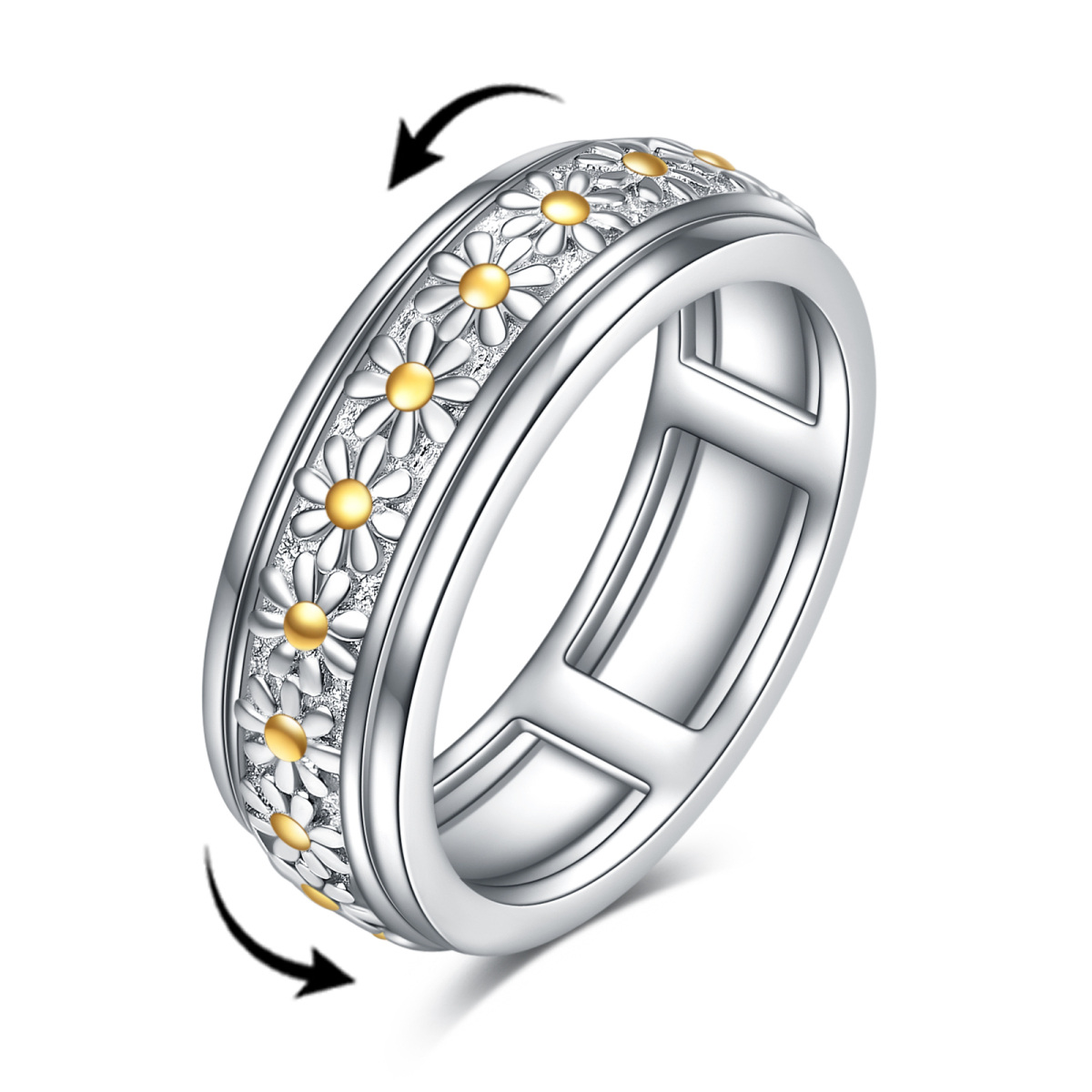 Bague tournante en argent sterling à deux tons avec marguerite-1