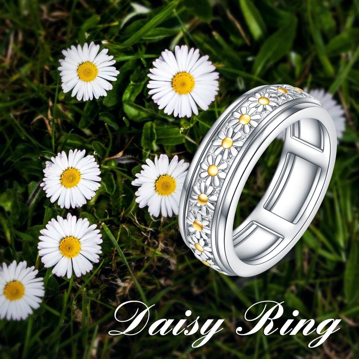 Bague tournante en argent sterling à deux tons avec marguerite-6