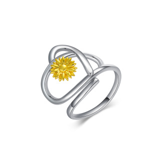 Sterling Silver Two-Tone Daisy With Heart Ring For Women-5