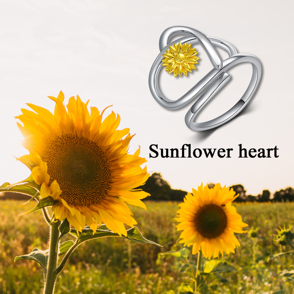 Sterling Silver Two-Tone Daisy With Heart Ring For Women-3