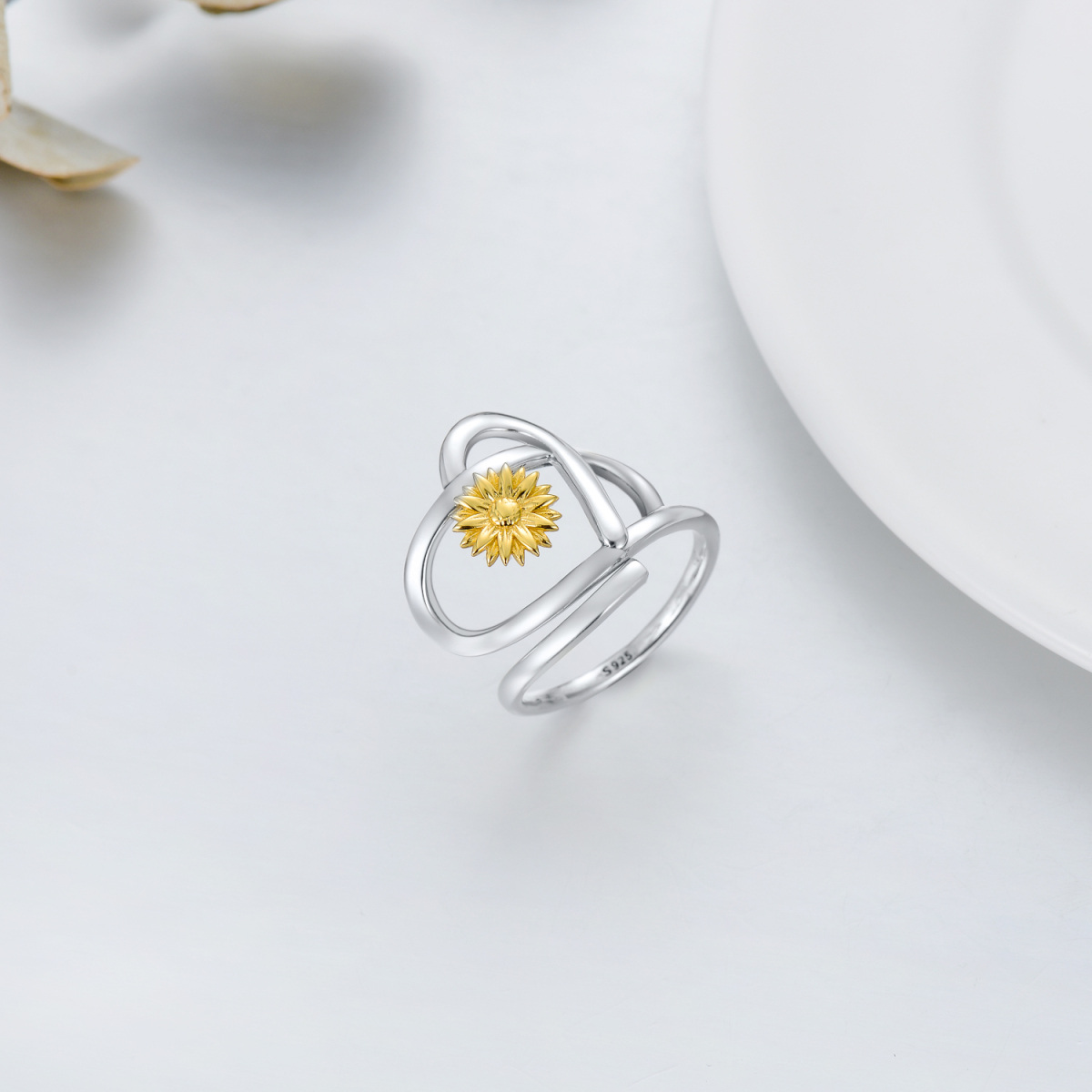 Anillo de plata de ley con margarita bicolor y corazón para mujer-4