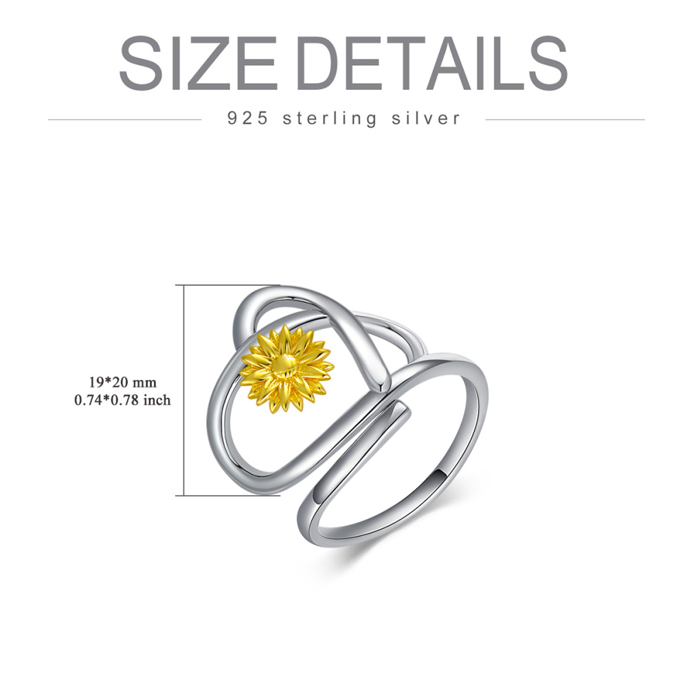 Sterling Silver Two-Tone Daisy With Heart Ring For Women-6