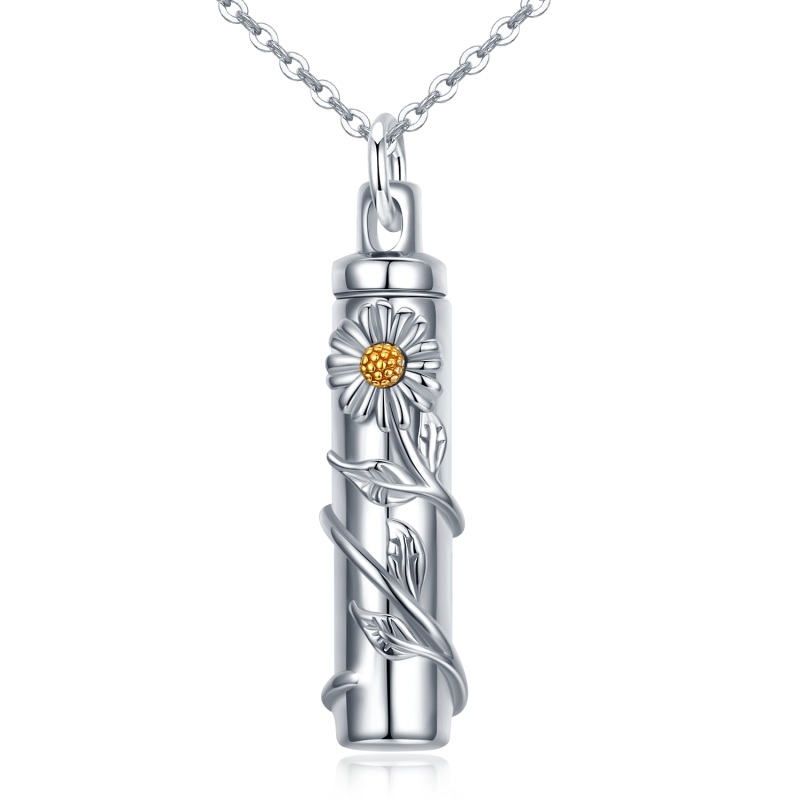 Colar de prata esterlina de dois tons com urna de margarida para cinzas-3