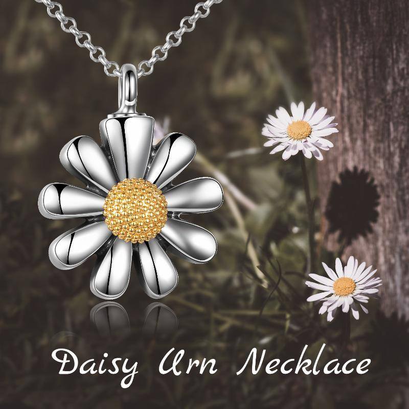 Sterling Silver Two-tone Daisy Urn Necklace for Ashes with Rolo Chain-2