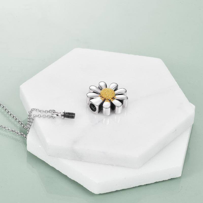 Sterling Silver Two-tone Daisy Urn Necklace for Ashes with Rolo Chain-3