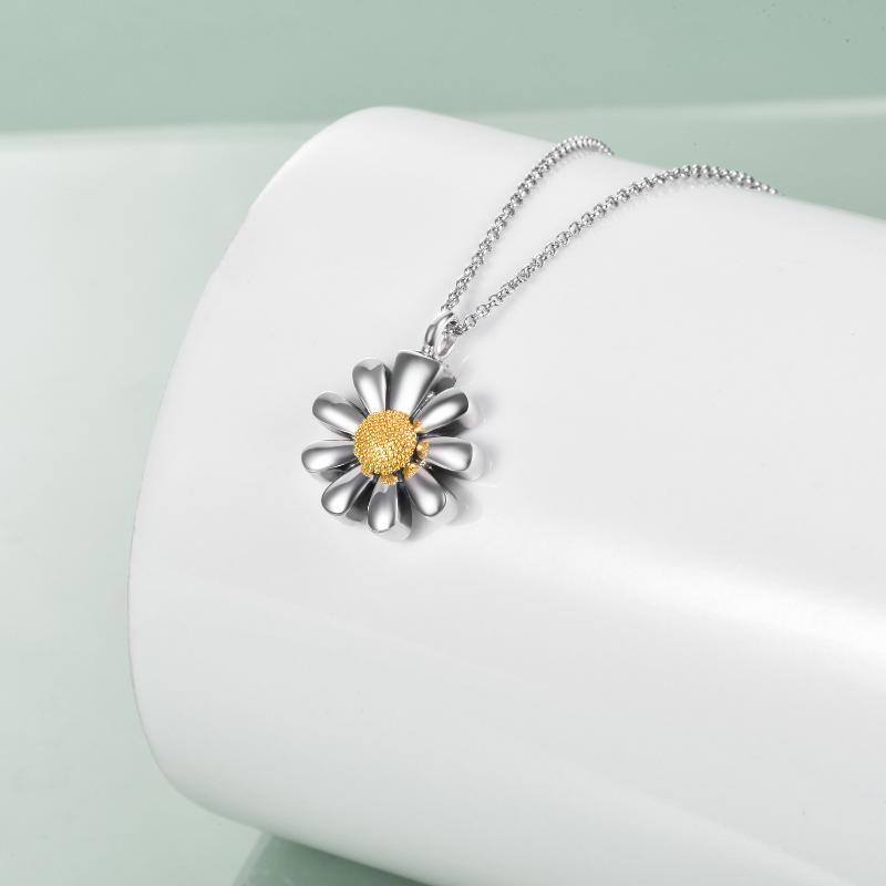 Sterling Silver Two-tone Daisy Urn Necklace for Ashes with Rolo Chain-4